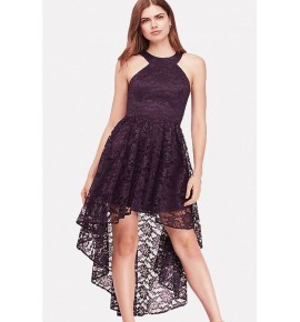 Purple Cutout Back Sleeveless High Low Sexy Lace Dress