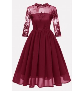 Dark-red Lace Overlay Keyhole Back Sexy A Line Chiffon Dress