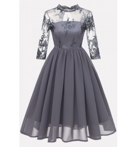 Gray Lace Overlay Keyhole Back Sexy A Line Chiffon Dress