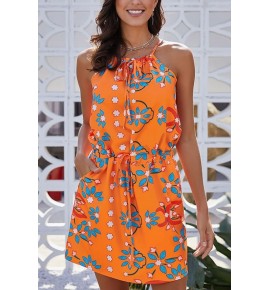 Orange Floral Print High Neck Sleeveless Tied Waist Sexy Dress