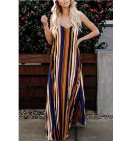 Multi Color Block Stripe Spaghetti Straps Casual Maxi Dress