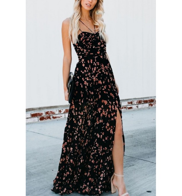 Black Floral Print Slit Spaghetti Straps Casual Maxi Dress