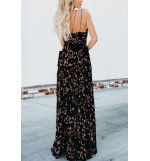 Black Floral Print Slit Spaghetti Straps Casual Maxi Dress