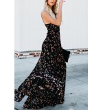 Black Floral Print Slit Spaghetti Straps Casual Maxi Dress