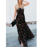 Black Floral Print Slit Spaghetti Straps Casual Maxi Dress