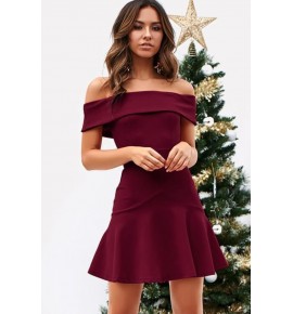 Dark-red Off Shoulder Ruffles Hem Sexy Party Dress