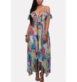 Multi Tie Dye Spaghetti Straps Ruffles Sexy Chiffon Dress