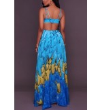 Blue Feather Print Spaghetti Straps Strappy Cutout Sexy Chiffon Dress