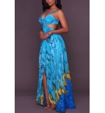 Blue Feather Print Spaghetti Straps Strappy Cutout Sexy Chiffon Dress