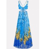 Blue Feather Print Spaghetti Straps Strappy Cutout Sexy Chiffon Dress