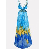 Blue Feather Print Spaghetti Straps Strappy Cutout Sexy Chiffon Dress